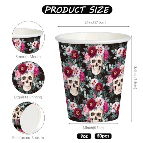 Halloween Paper Cups 9oz Blooming Floral Skull Design - 50 Pack Disposable Drinkware