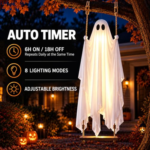 Large Outdoor Hanging Ghost Decoration with Swing, Lighted Halloween Yard Decor