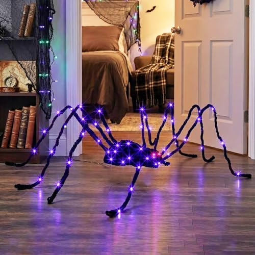 Giant Halloween Spider Light Up Outdoor Decoration - 5ft, Purple & Red Lights, Waterproof, Bendable Legs, Spider Variation