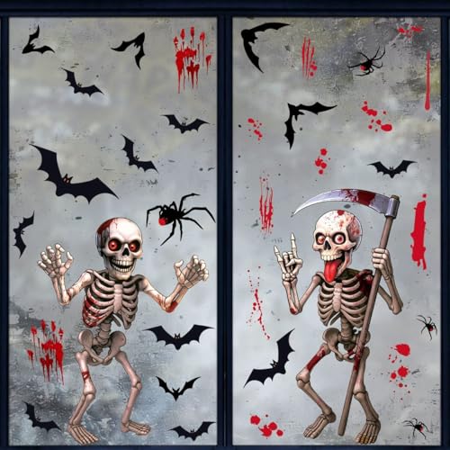 Gkeleton White Skeleton Halloween Window Clings - Double-Sided Skeleton Decals, 4 Sheets & 4 Giant Skeleton Stickers