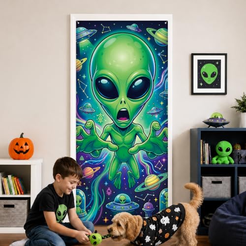Halloween Alien Door Cover Banner - 3D Reaching Hands, Funny Extraterrestrial Decor, 78x35 Inches