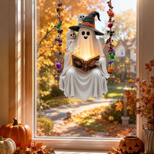 Halloween Ghost Window Clings - Spooky Reading Book Swing Design for Holiday Decoration - Variation 1280
