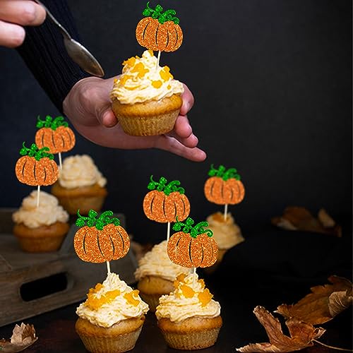 Pumpkin Cupcake Toppers - Glitter Fall Theme Decorations for Baby Shower & Birthday - Orange - 24PCS