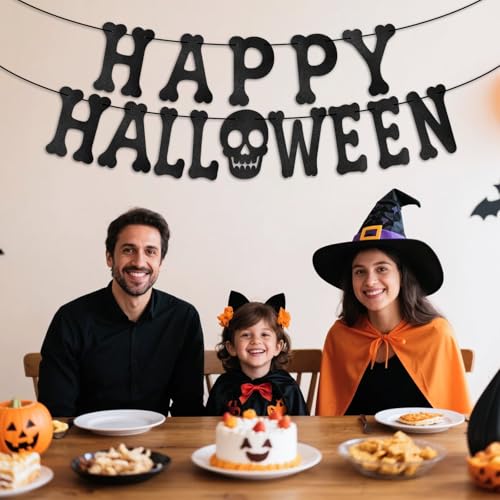 Halloween Skeleton Banner with Glitter Paper - Black Halloween Wall Decorations