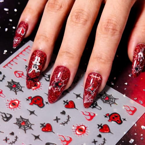 Halloween Nail Stickers - Creepy Horror Nail Decals with Glitter - Demon Night Variation