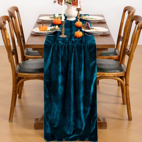 Peacock Blue Velvet Table Runner - Fall Boho Wedding Home Decor - 10ft