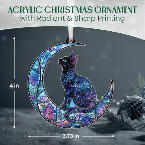 Blue Cat Moon Christmas Ornament - 2D Flat Acrylic Holiday Tree Decoration