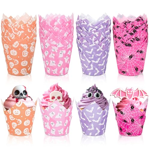 Halloween Cupcake Liners Set - 200 Tulip Shaped Baking Cups with Pumpkin Ghost Bat Designs