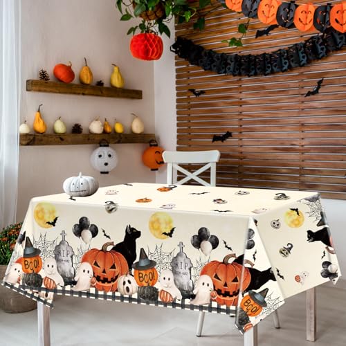 Halloween Tablecloth 60 x 84 Inch Pumpkin Ghost Black Cat Festive Table Cover