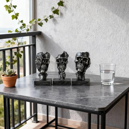 Halloween Skeleton Figurines Set - See No Evil, Hear No Speak No Evil Skeleton Statues in Black Gold - Gothic Home Decor