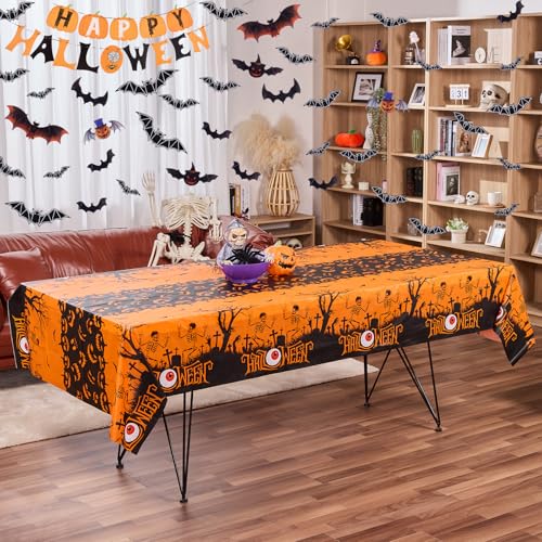 Halloween Pumpkins Tablecloth Set - 54x108 Inch Disposable Plastic Table Cover with Banner - 3 Styles