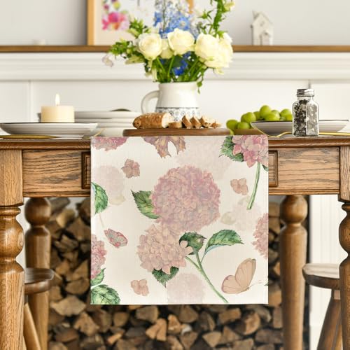 Pink Hydrangea Butterfly Spring Table Runner 13x72 Inch - Seasonal Home Decor