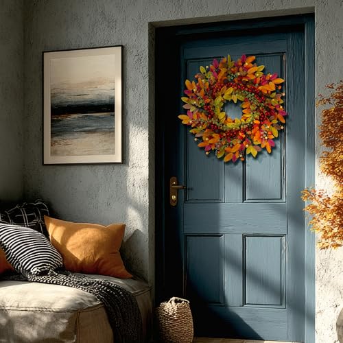 22 Inch Fall Berry Wreath for Front Door Outdoor Decor with Red Berries