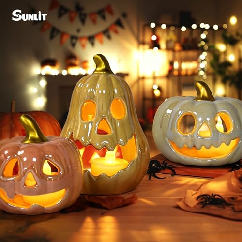 Sunlit Ceramic Pumpkin Candle Holder Set of 3 with LED Tea Lights - Colorful Halloween Decor