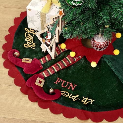 Elf Christmas Tree Skirt 48 Inch Velvet Holiday Decor with Ripple Trim