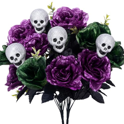Purple Halloween Flower Bouquet - 18in Artificial Peony & Rose with Skull, 2 Pcs