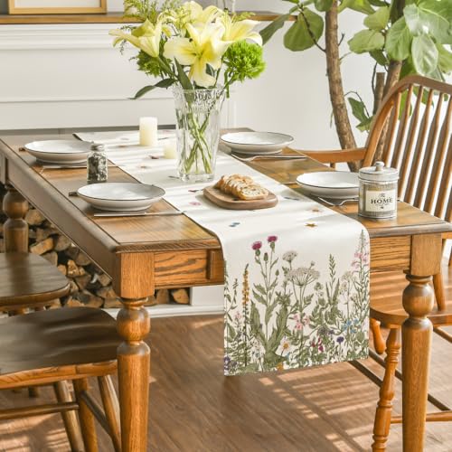 Antique Herbs and Wild Flowers Table Runner 13x90 Inch Off White Summer Fall Decor