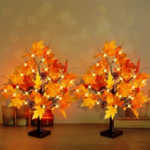 2 Pieces 24 Inch Artificial Fall Tree with LED Lights Battery & USB Operated - Thanksgiving Autumn Decor - Variation 2