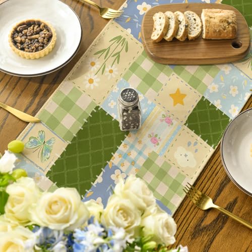 Green Patchwork Buffalo Plaid Floral Table Runner 13x120 Inch Spring Home Decor