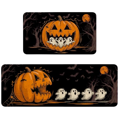 Halloween Kitchen Mat Set of 2 Non-Slip Washable Halloween Rugs - Pumpkin Ghost Variation