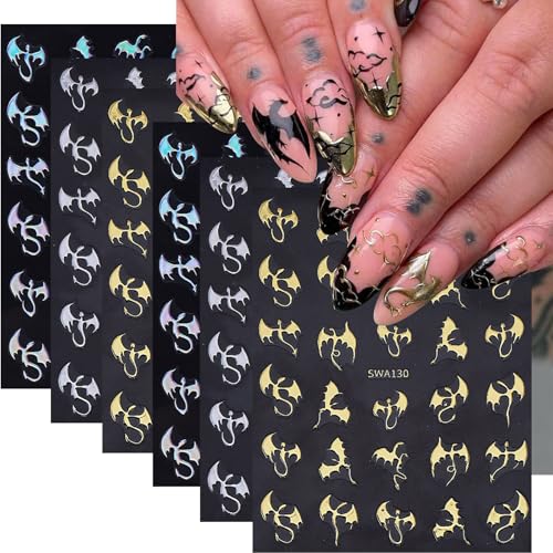Halloween Nail Stickers for Nail Art Metallic Bat & Dragon Decals 6 Sheets