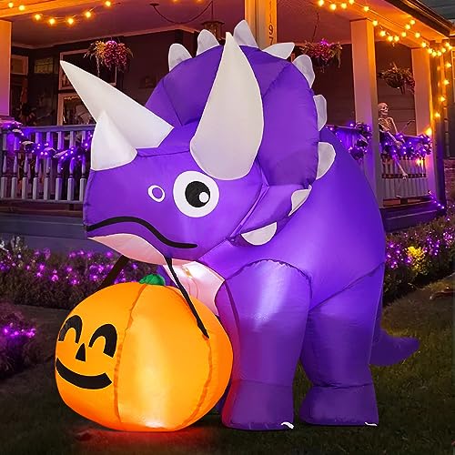 Halloween Dinosaur Inflatable with Pumpkin & LED Lights, 5 ft Outdoor Yard Decoration