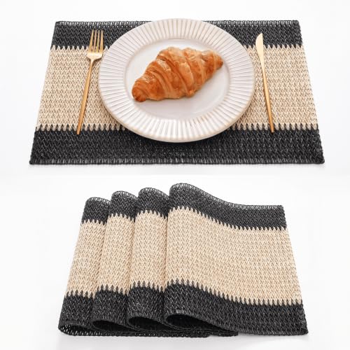 Black Paper Woven Stripe Placemats Set of 4 - 12x18 Inch