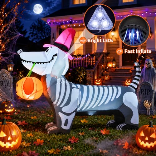 5.5 Ft Inflatable Halloween Skeleton Puppy with LED Lights for Outdoor Yard Decor