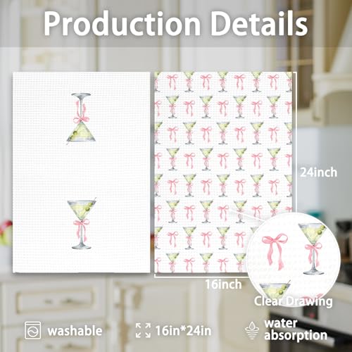 Bow Martini Decor Kitchen Towels Set of 2 - Pink Bow Martini Hand Towels