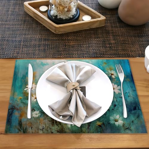 Retro White Daisy Floral Linen Placemats Set of 6 Heat Resistant Table Mats for Home & Dining