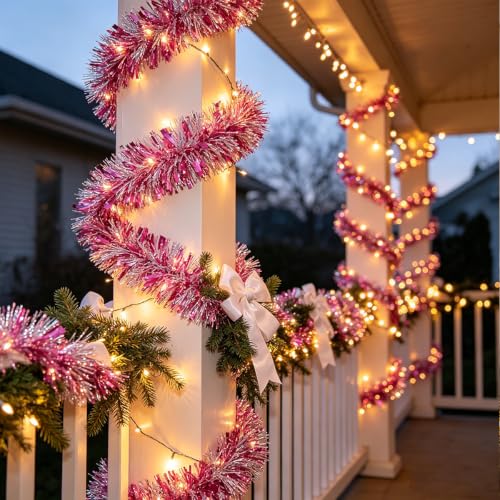 Rose Christmas Tinsel Garland 33 Ft Metallic Foil Decorations for Holiday & Party