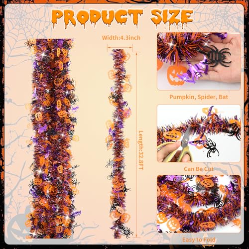 Halloween Tinsel Garland Decorations - Orange, Purple, Black with Pumpkins & Bats - 33 FT - Indoor Outdoor Festive Decor