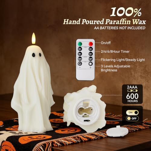 Ghost Flameless Pillar Candles with Remote Set of 2 for Halloween Decor
