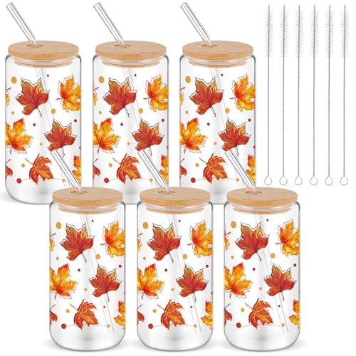 Thanksgiving Maples Glass Cups Set with Lids & Straws - 16oz Autumn Harvest Drinkware