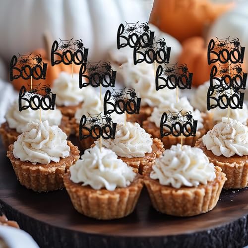 Halloween Boo Cupcake Toppers Glitter Spider Web Bat Cake Decorations - Style 4 Black