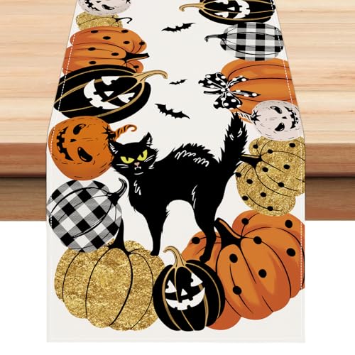 Halloween Pumpkin & Black Cat Table Runner 13x72 Inch - Spooky Fall Dining Decor Variation of THIS listing