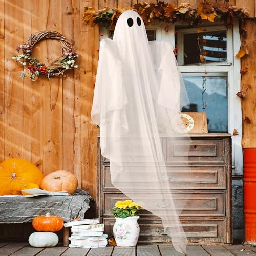 Halloween Hanging Ghost Light - Green LED Ghost Decoration, 47 Inches Waterproof Outdoor & Indoor Decor with Timer