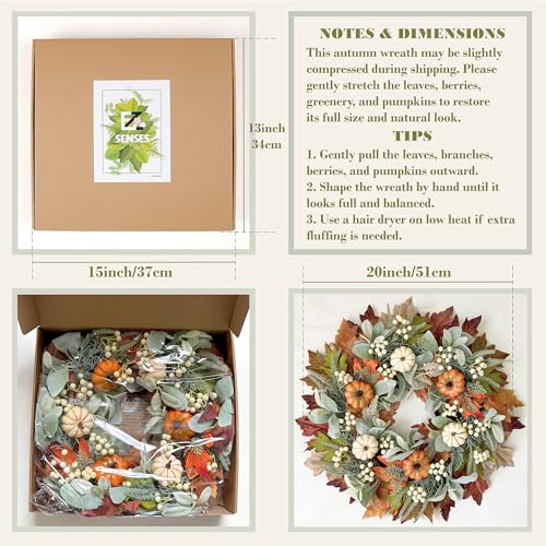 Pumpkin Fall Wreath for Front Door - 20'' Autumn Pumpkin & Maple Leaves - Thanksgiving Harvest Decor - Variation: Pumpkin 20"