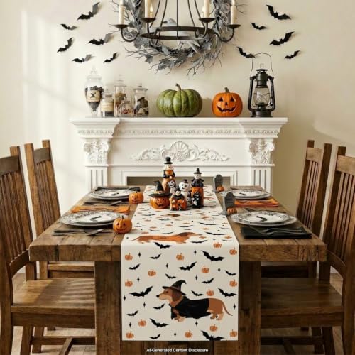 Halloween Dachshund Dog Burlap Table Runner - 13x72 Inch Seasonal Kitchen Decor