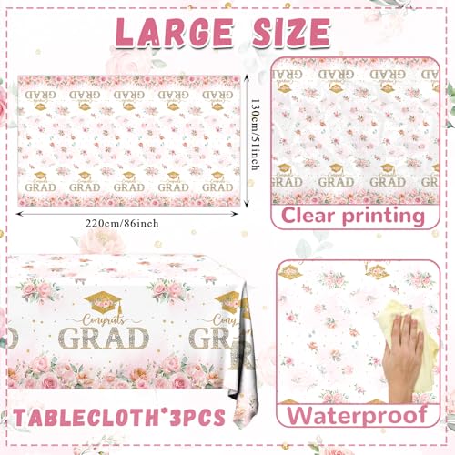 Pastel Floral Graduation Tablecloths Set - 3 Pack, Waterproof Plastic Decor