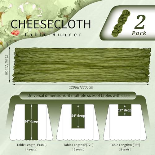Olive Green Cheesecloth Table Runners Set - Boho Wedding Decor, 2 Pack