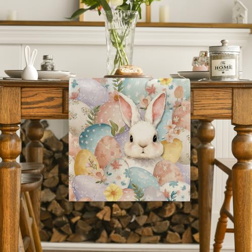 Easter Bunny Eggs Flower Table Runner 13x36 Inch Seasonal Spring Kitchen Decor
