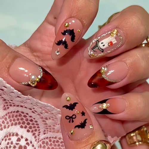 Halloween Ghost Bat Fake Nails - Medium Almond Press On Nails with Leopard Print & 3D Ghost Design