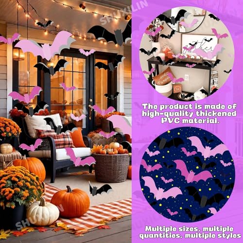 Halloween 3D Bat Wall Decals Set - Removable Pink & Black Bat Stickers for Indoor & Outdoor Decor - Variation: Bat