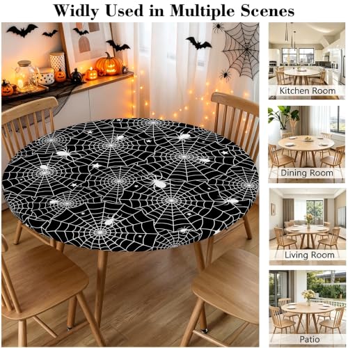 Halloween Spider Web Round Fitted Tablecloth 44 Inch Waterproof & Stain-Resistant