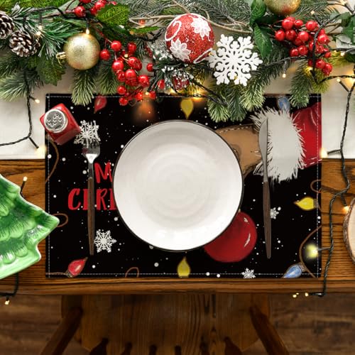 Christmas Placemats Set of 4 - Black 12x18 Inch Holiday Table Mats for Party & Kitchen Decor - Variation: Rectangular 4 Pcs