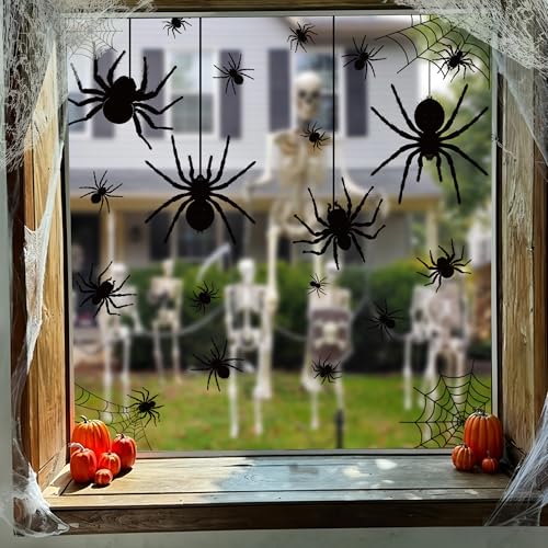Halloween Window Clings Set - 9 Large Black Spider Web Silhouette Decals