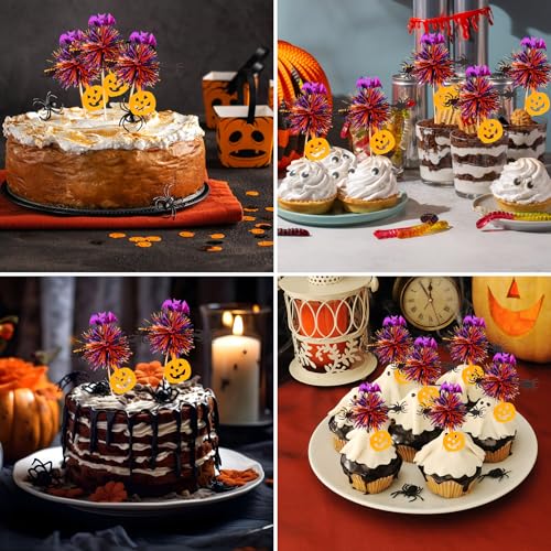 Halloween Firework Cupcake Toppers - 24 Pcs Spooky Pumpkin Bat Spider Decorations