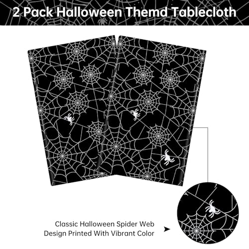 Black Halloween Spider Web Plastic Tablecloths - 2 Pcs, 108x54 Inch, Disposable Party Decor