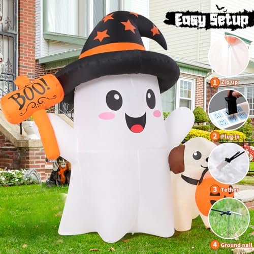 Halloween Inflatable Ghost and Puppy Set with LED Lights - Outdoor Yard Decor